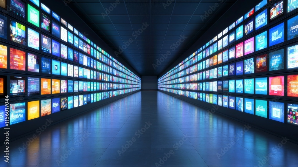 Poster a futuristic hallway lined with vibrant screens, showcasing colorful visuals and reflections, creati