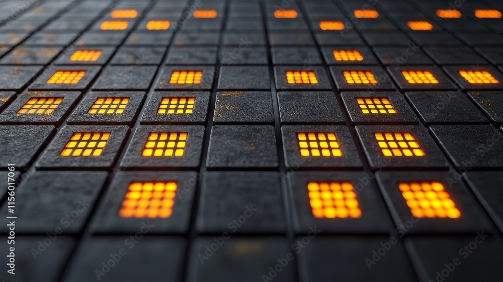 Poster a close-up view of illuminated squares on a textured surface, showcasing a pattern of glowing orange