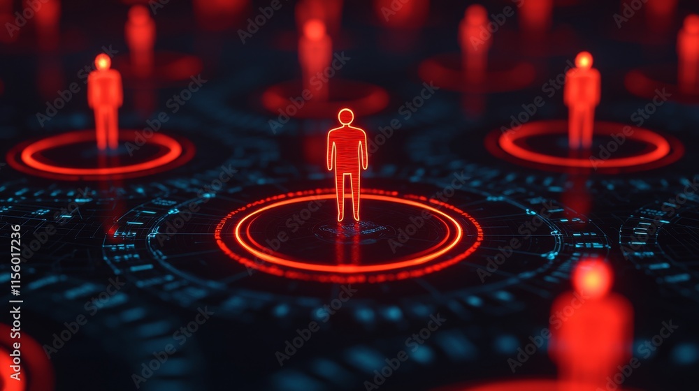 Aufkleber a digital representation of a central figure highlighted in red among multiple other figures, illust