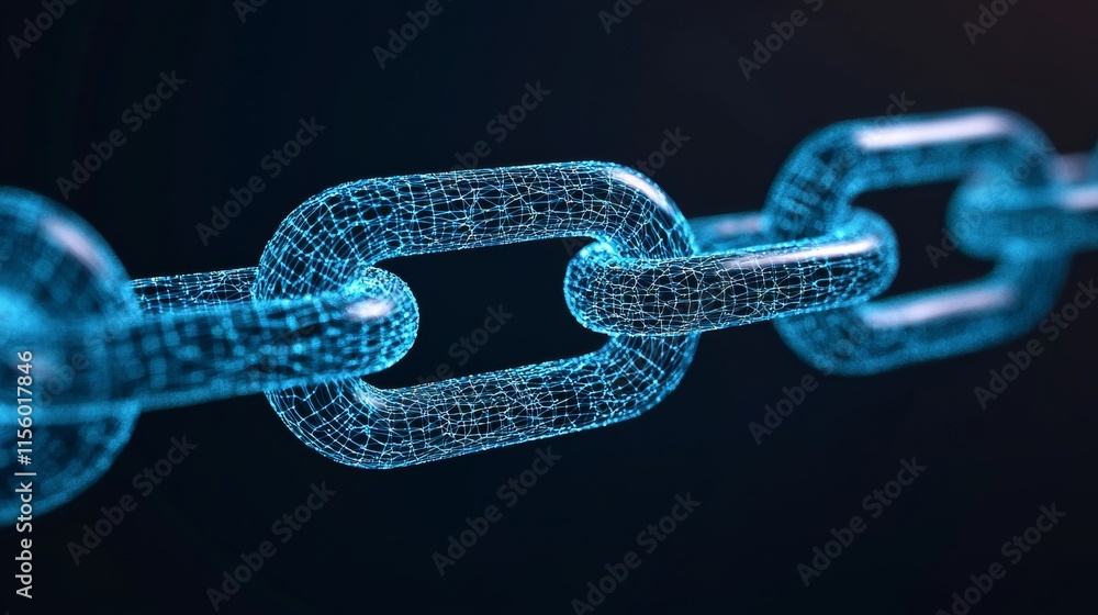 Poster a futuristic digital chain link representing blockchain technology, illuminated in blue against a da