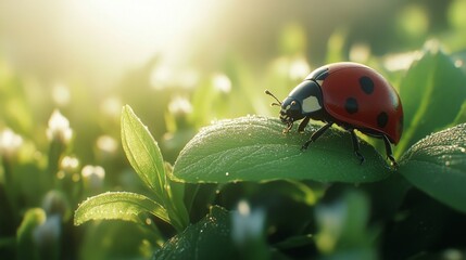 Obraz premium Ladybug resting on a leaf in a sunlit garden during springtime