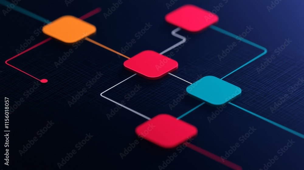 Poster a modern graphic design featuring colorful squares connected by lines, illustrating a flowchart or p