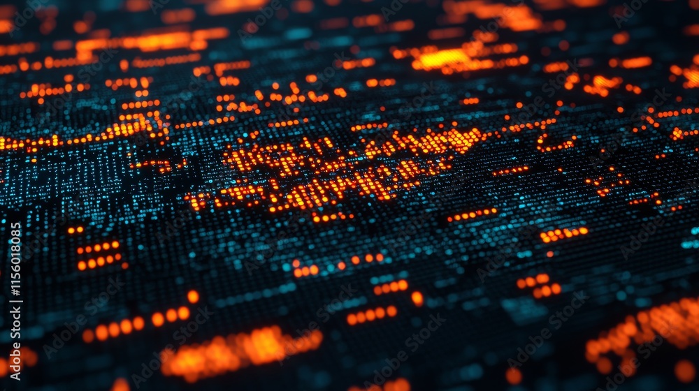 Poster a vibrant digital landscape illuminated by glowing orange patterns against a dark backdrop, represen