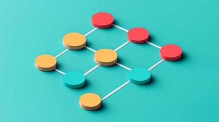 Fototapeta premium A colorful geometric arrangement of circles connected by lines, creating an abstract network on a teal background.