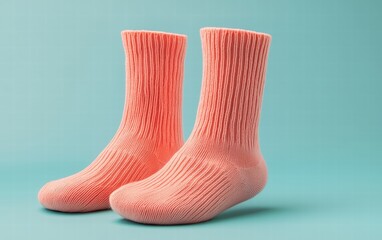Soft coral woolen socks mockup, gently angled, pastel teal background