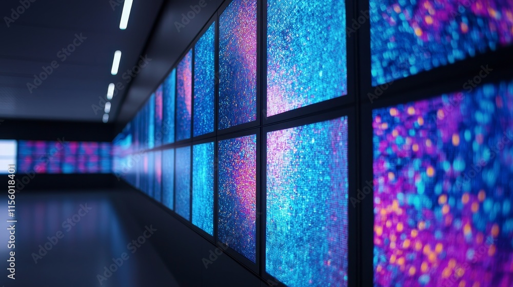 Poster a modern corridor featuring vibrant screens displaying colorful, dynamic patterns in shades of blue 