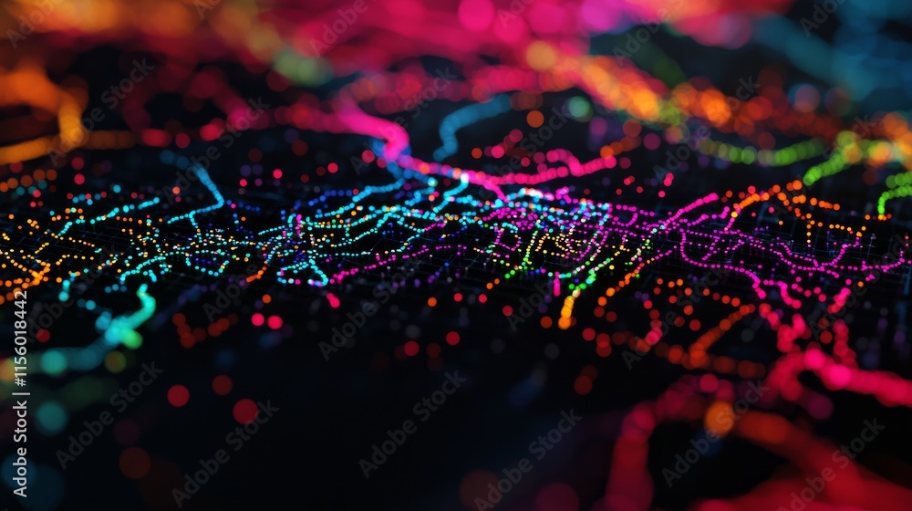 Poster a vibrant, abstract depiction of colorful lines and patterns resembling a digital or illuminated map