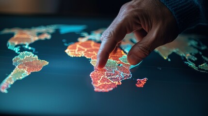 A hand interacts with a colorful digital map, highlighting regions and emphasizing geographical features across various continents.