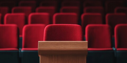 Obraz premium A wooden podium stands in front of empty red theater seats, creating a scene of anticipation and focus in a performance space.