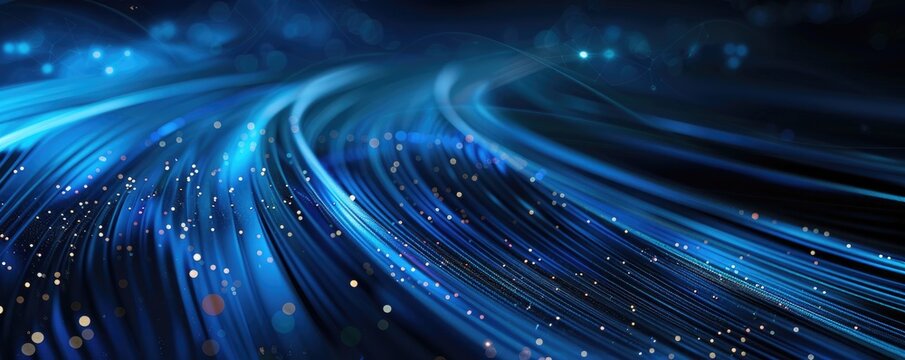 dynamic flowing blue light streaks with sparkling particles on a dark background