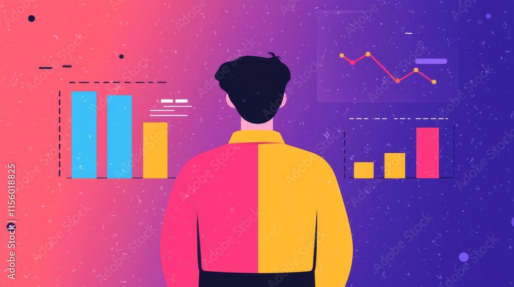 Aufkleber a person stands before colorful graphs and charts, analyzing data in a vibrant, digital environment.