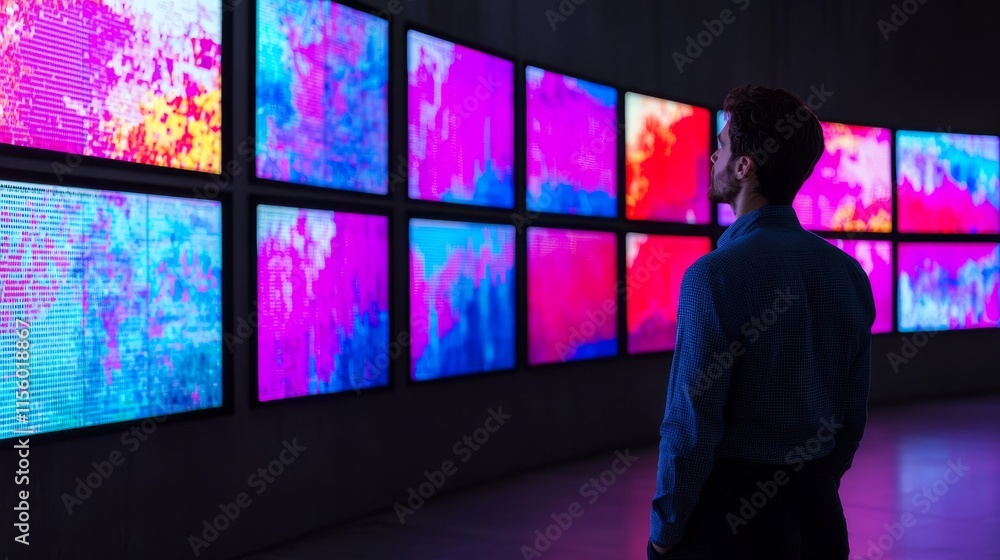 Poster a viewer admires vibrant, abstract digital art displayed on multiple screens in a modern gallery set