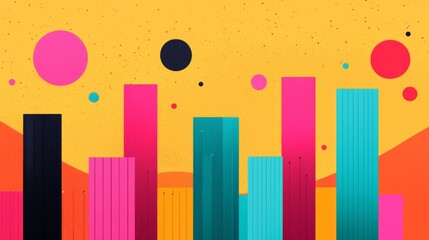 A vibrant abstract composition featuring colorful vertical bars and circular shapes against a bright yellow background.