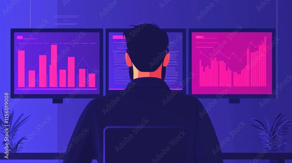 Poster a person analyzes data on dual monitors, showcasing vibrant charts and graphs in a modern, tech-insp