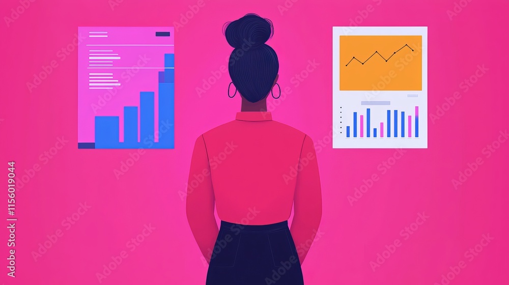 Aufkleber a woman analyzes data visualizations on a vibrant pink background, focusing on graphs and charts tha