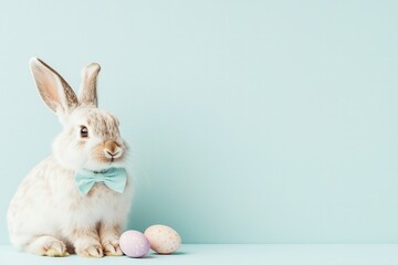 Obraz premium Easter bunny with a pastel blue bow, Easter Eggs, pastel blue background