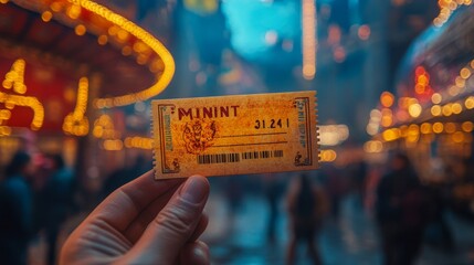 Vintage carnival ticket held up in festive street lit by colorful lights during evening hours