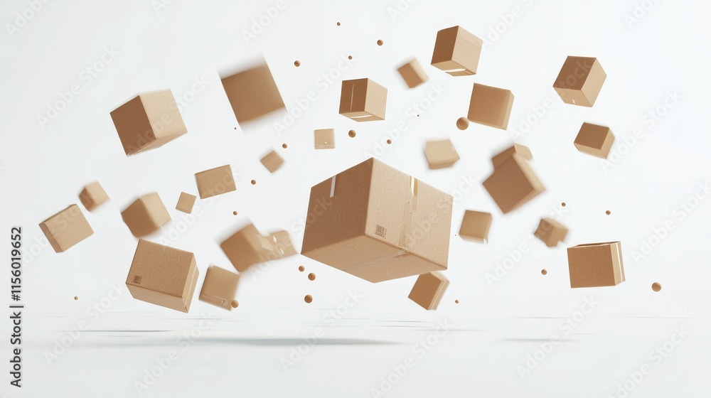 Poster a dynamic arrangement of floating cardboard boxes against a minimalistic background, representing de