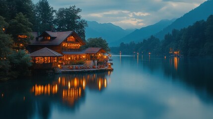 Fototapeta premium Winter landscape with snow-covered mountains reflected in a serene lake near a quaint village in the Alps