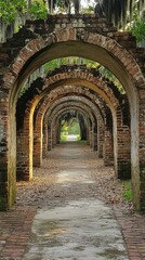 Naklejka premium Brick archways leading to a serene path lined with moss in an outdoor garden