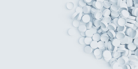 Top view on a pile of white plastic bottle caps on white background. Plastic industry product. Garbage reuse. 3d render illustration