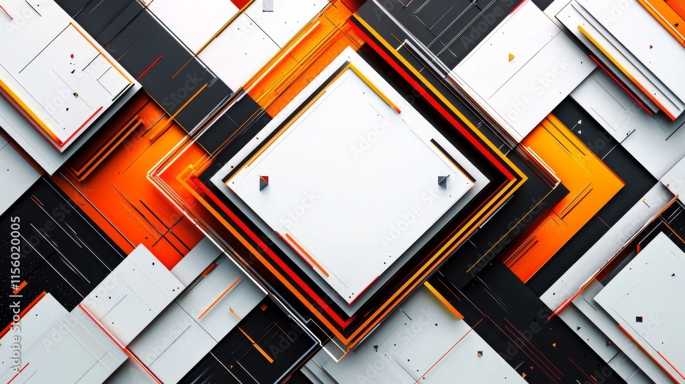 Poster a vibrant abstract design featuring layered geometric shapes in orange, black, and white, creating a