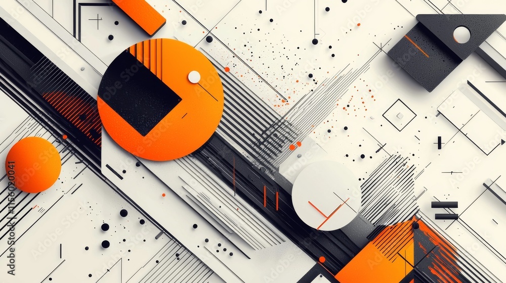 Poster a modern abstract composition featuring geometric shapes in orange, black, and white, with dynamic l