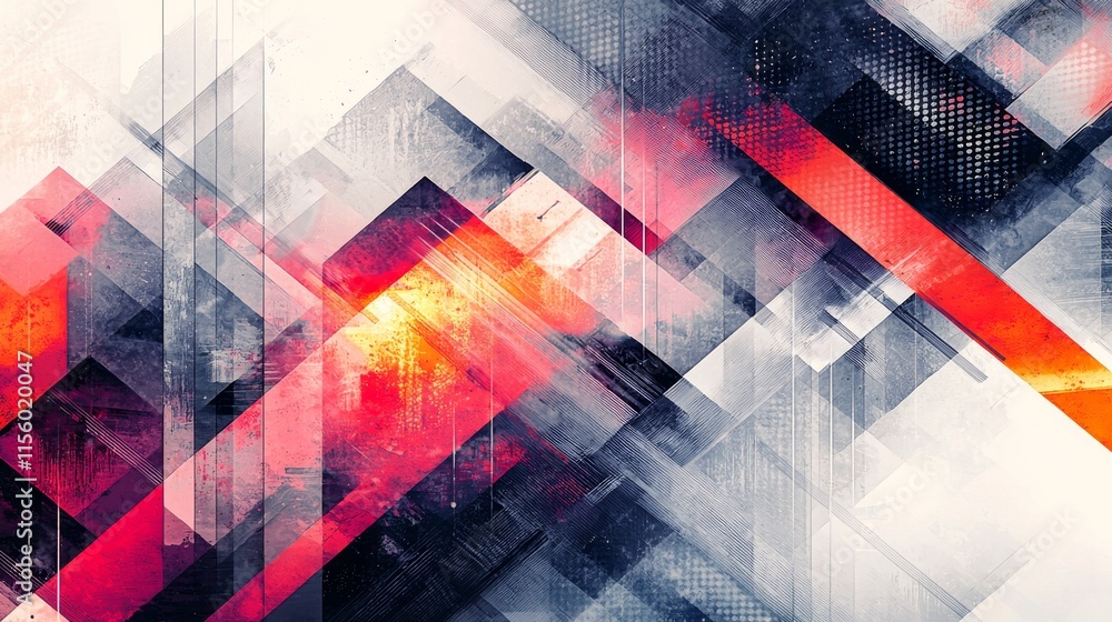 Poster an abstract composition featuring dynamic shapes and vibrant colors, blending shades of red, black, 