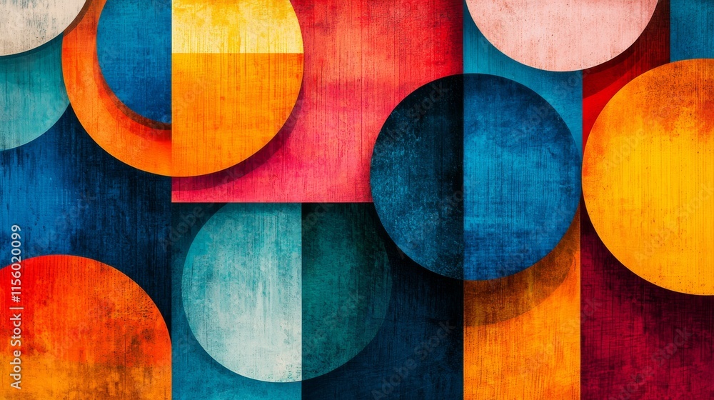 Poster a vibrant abstract composition featuring colorful circles and geometric shapes, blending rich hues a