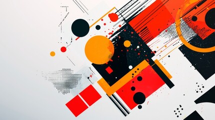 Obraz premium A vibrant abstract design featuring geometric shapes in red, black, orange, and yellow on a white background.