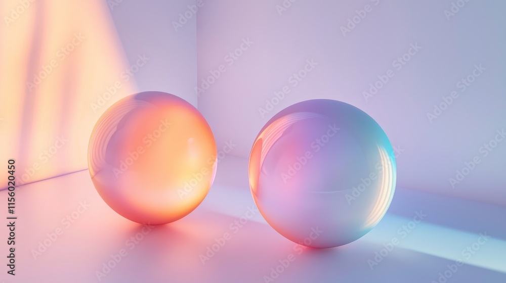Poster two glossy spheres emit soft, colorful reflections in a minimalist setting, creating a serene and at