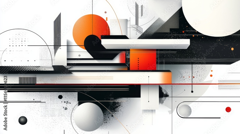 Poster a modern abstract composition featuring geometric shapes, bold colors, and dynamic lines, creating a