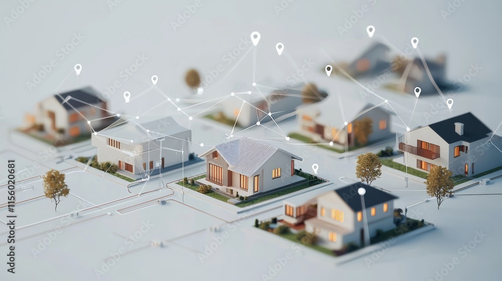 Poster a miniature model of several houses with location markers and a grid layout, representing urban plan