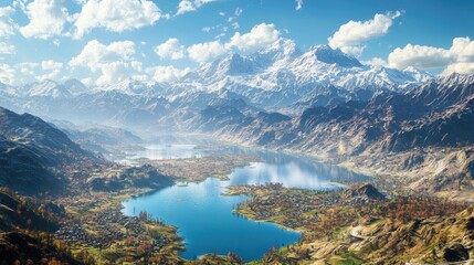 A panoramic map of Kashmir displaying the vastness of its valleys and lakes,