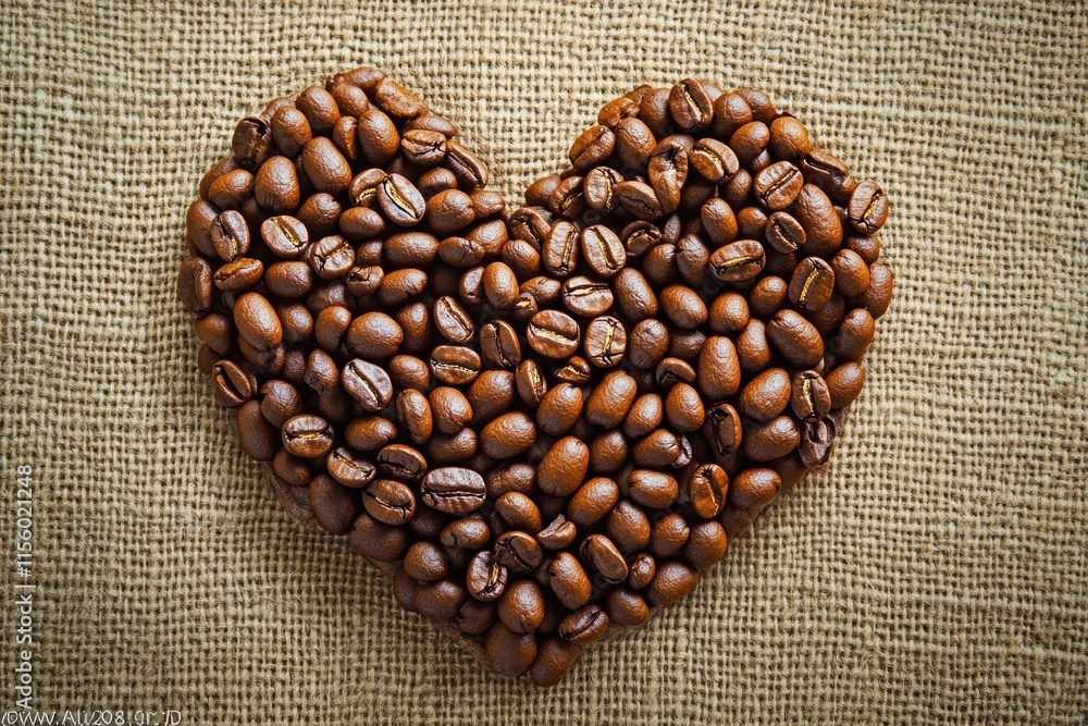 Poster Coffee beans arranged in a heart shape on burlap creating an inviting atmosphere