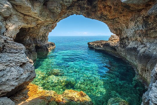 Serene coastal cave reveals vibrant turquoise waters and rocky f