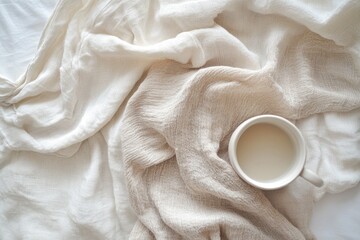 A cozy scene of a cup of tea on a soft, beige and white textured fabric.