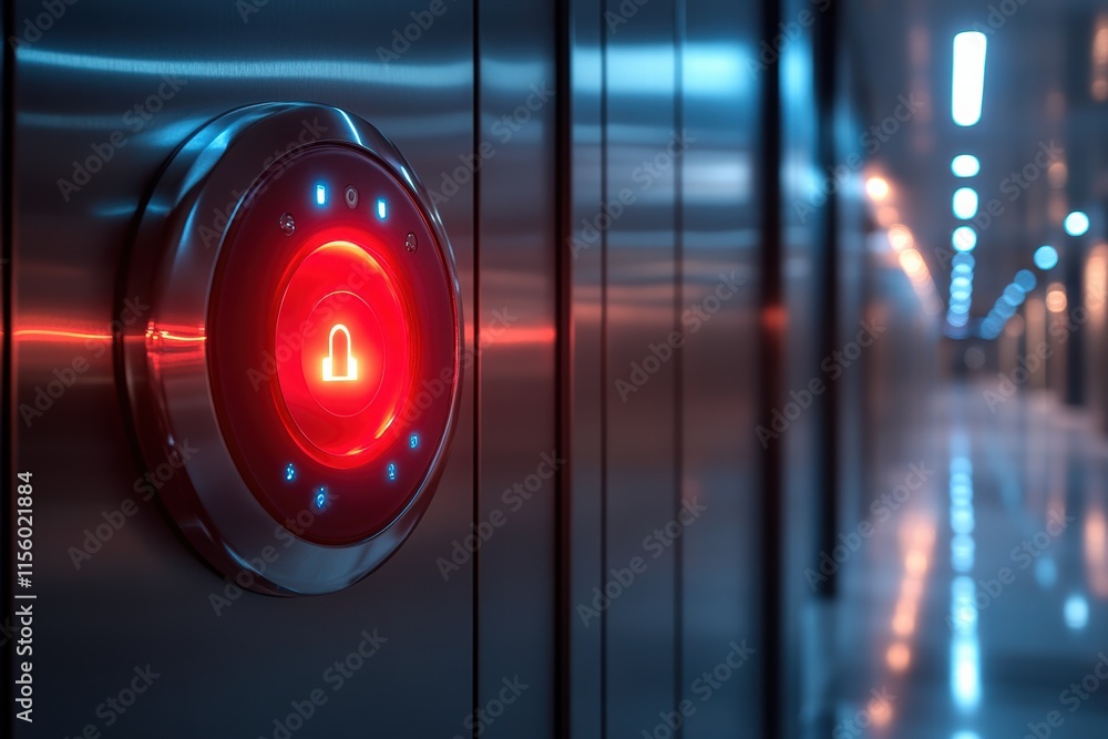 Poster security door panel featuring a red lock indicator in a sleek corridor setting