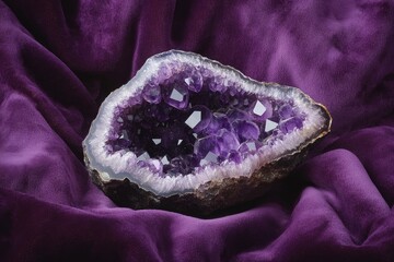 Amethyst geode with deep purple crystals rests on rich purple velvet, showcasing its stunning...