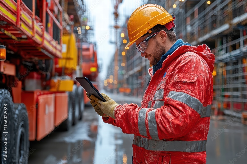 Poster engineer checks construction progress with tablet on site during overcast day