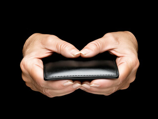 Hands holding an open empty black wallet against a plain background. The concept represents financial struggles, budgeting, and economic hardship.