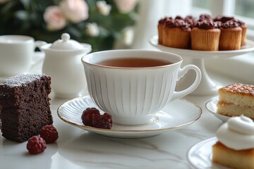 Fototapeta premium Elegant porcelain tea set with black tea and delightful pastries on a marble table