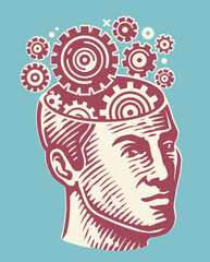 Rotating gears in head. Thinking brain, brainstorming, thoughts concept. Mind vector illustration