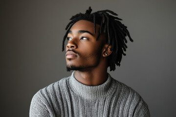 Young Black man with dreadlocks in grey sweater.