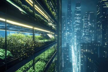 Vertical urban farm integrated into a skyscraper, illuminated at night, showcasing sustainable city agriculture.