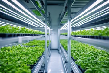 Indoor vertical farm showcasing rows of thriving green plants under artificial grow lights.