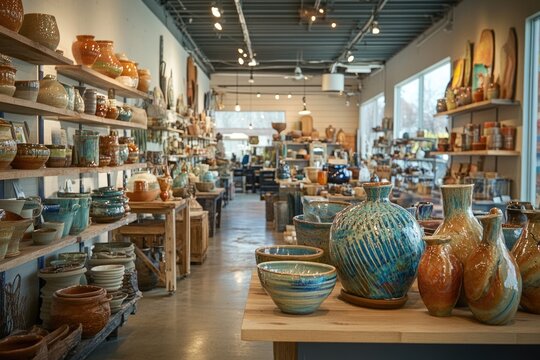 A pottery shop showcases a wide array of handcrafted ceramic bowls, vases, and other decorative items.