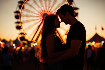 Silhouette of a couple embracing at a carnival, illuminated by a Ferris wheel at sunset.