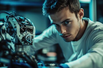 A focused young engineer intently examines a complex robotic arm, showcasing advanced technology and meticulous craftsmanship.