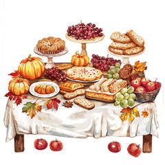 A watercolor of a harvest celebration table filled with autumn fruits, isolated on a white background. Harvest vector.
